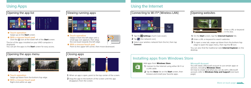 Using apps, Using the internet, Installing apps from windows store | Opening the app list, Opening the apps menu, Viewing running apps, Closing apps, Connecting to wi-fi ® (wireless lan), Opening websites | Sony Windows 8.1 Getting Started User Manual | Page 2 / 2