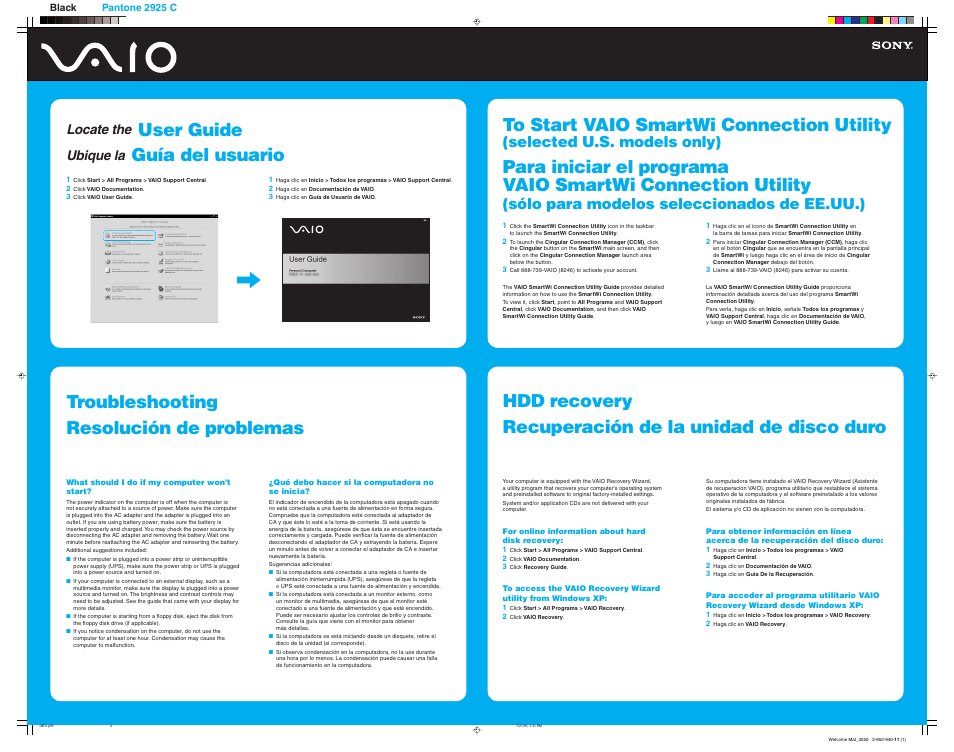 Troubleshooting resolución de problemas, User guide, Selected u.s. models only) | Sólo para modelos seleccionados de ee.uu.), Locate the, Ubique la | Sony VGN-TX670P User Manual | Page 2 / 2