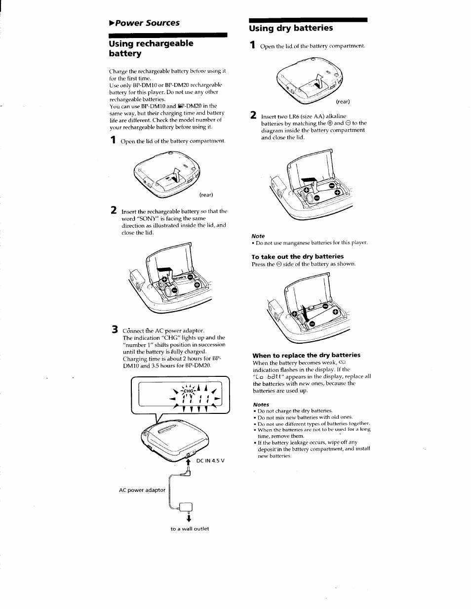 Power sources, Using rechargeable battery, Using dry batteries | To take out the dry batteries, When to replace the dry batteries, Power sources using rechargeable battery | Sony D-F415 User Manual | Page 12 / 17