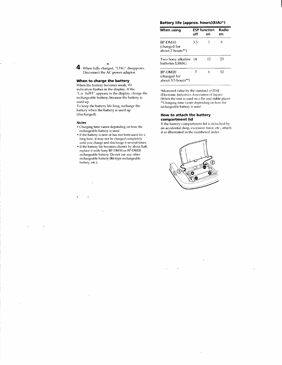 Battery life (approx. hours)(eiaj*), When to charge the battery, How to attach the battery compartment lid | Sony D-F415 User Manual | Page 13 / 17