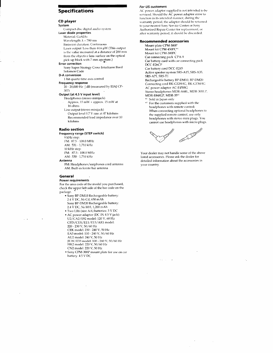 Specifications, Cd player, Radio section | Recommended accessories, General | Sony D-F415 User Manual | Page 16 / 17