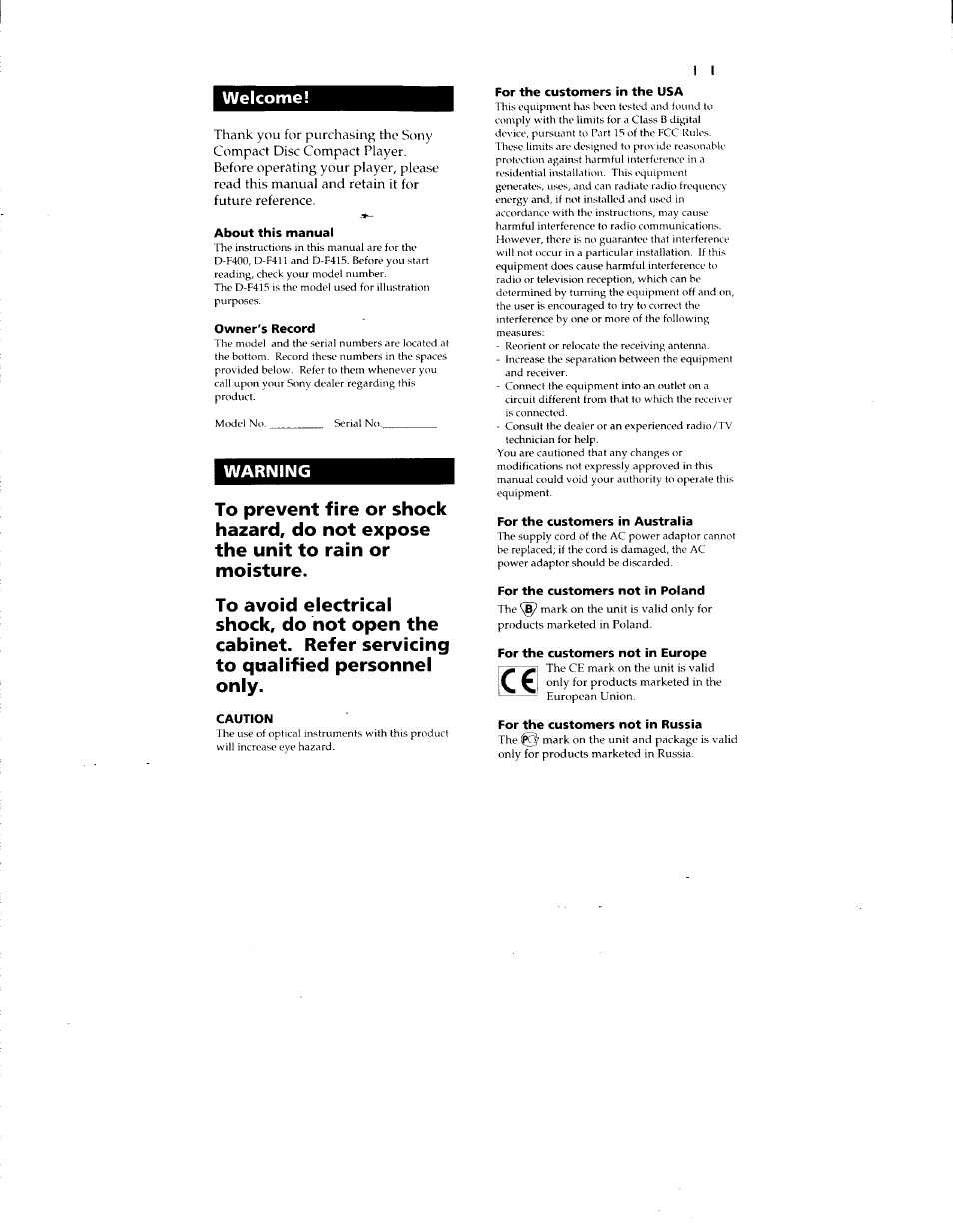 Welcome, About this manual, Owner's record | Warning, Caution, For the customers in the usa, For the customers in australia, For the customers not in poland, For the customers not in europe, For the customers not in russia | Sony D-F415 User Manual | Page 2 / 17