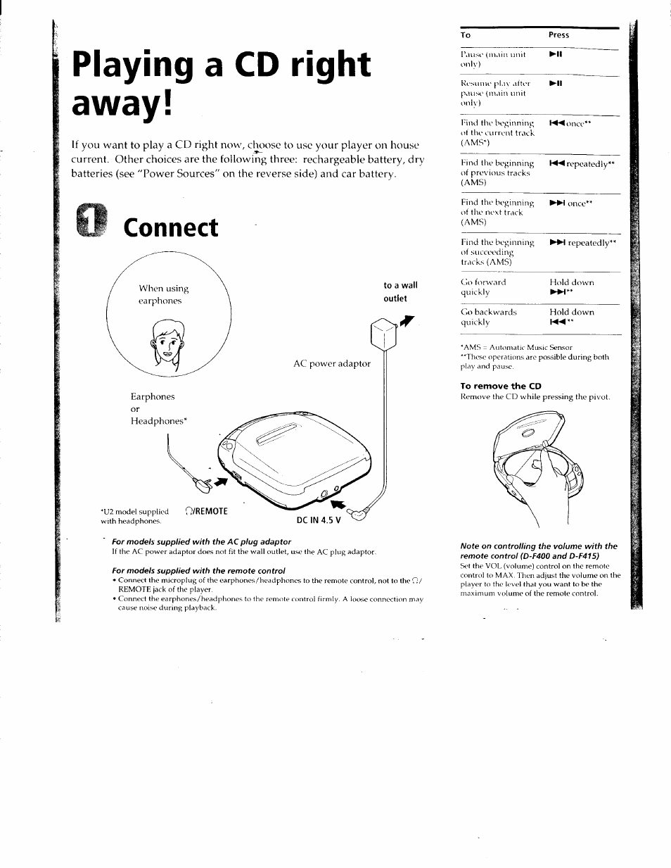 Playing a cd right away, Connect | Sony D-F415 User Manual | Page 3 / 17