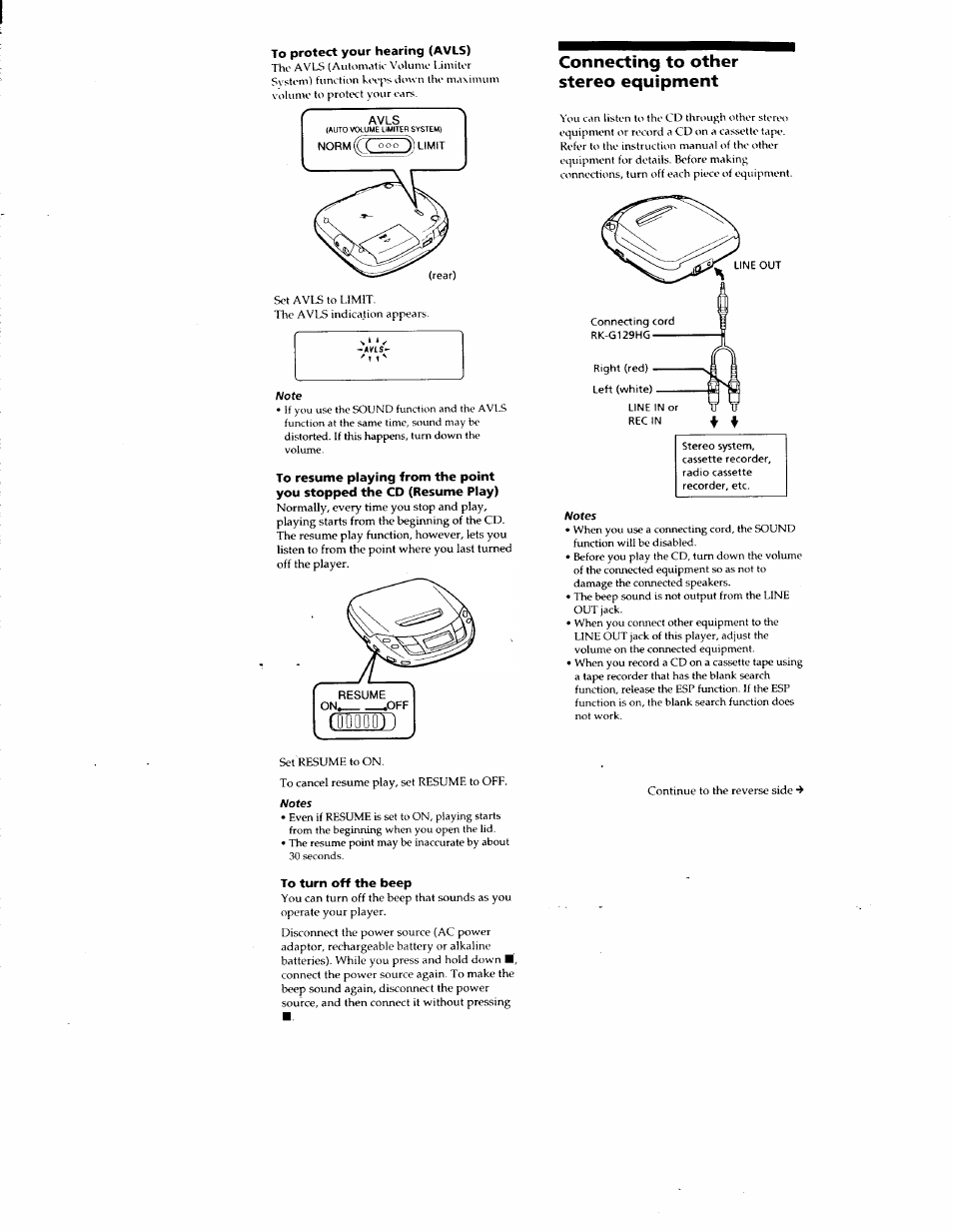To protect your hearing (avls), Connecting to other stereo equipment, To turn off the beep | Sony D-F415 User Manual | Page 7 / 17