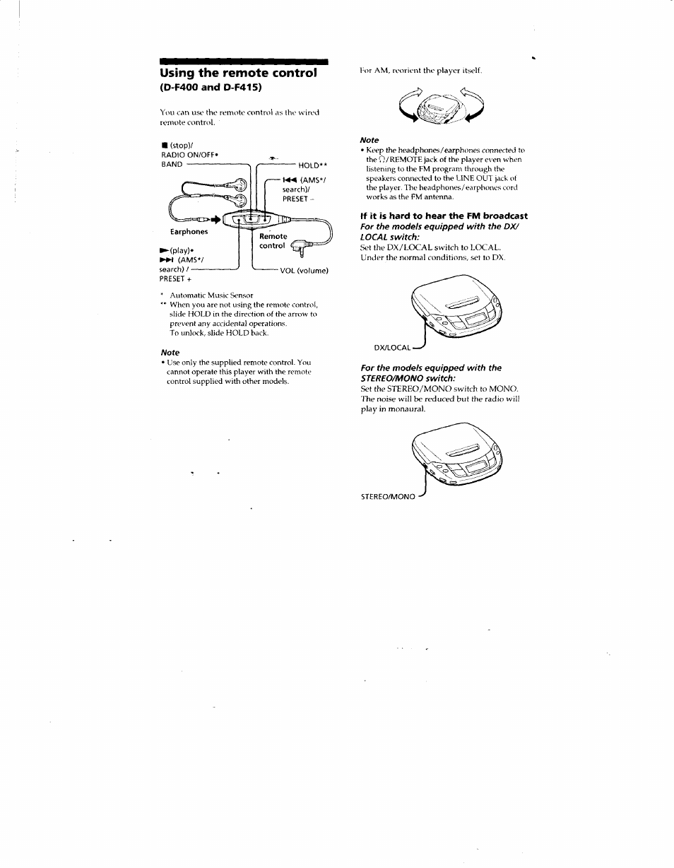 Using the remote control, If it is hard to hear the fm broadcast | Sony D-F415 User Manual | Page 9 / 17