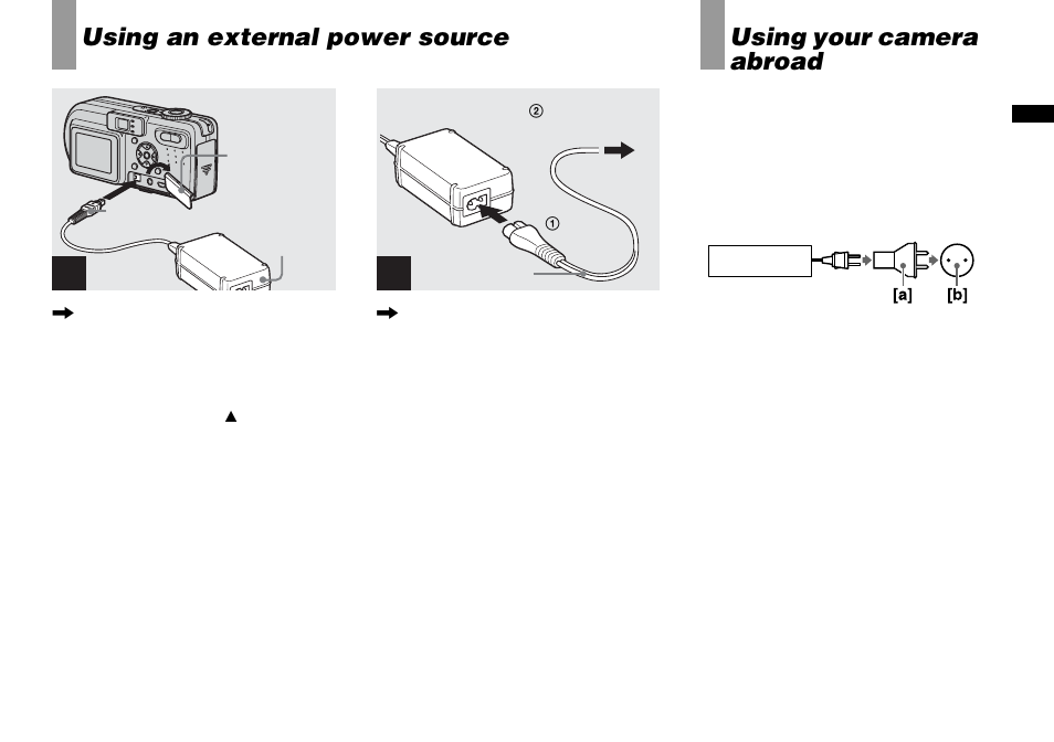 Using an external power source, Using your camera abroad | Sony DSC-P8 User Manual | Page 13 / 120