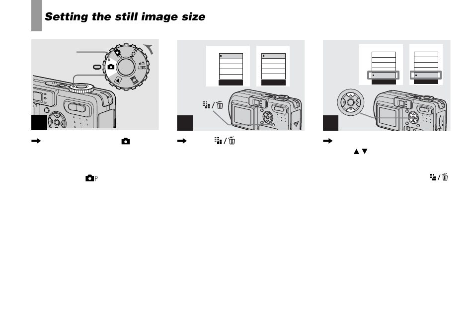 Setting the still image size | Sony DSC-P8 User Manual | Page 18 / 120