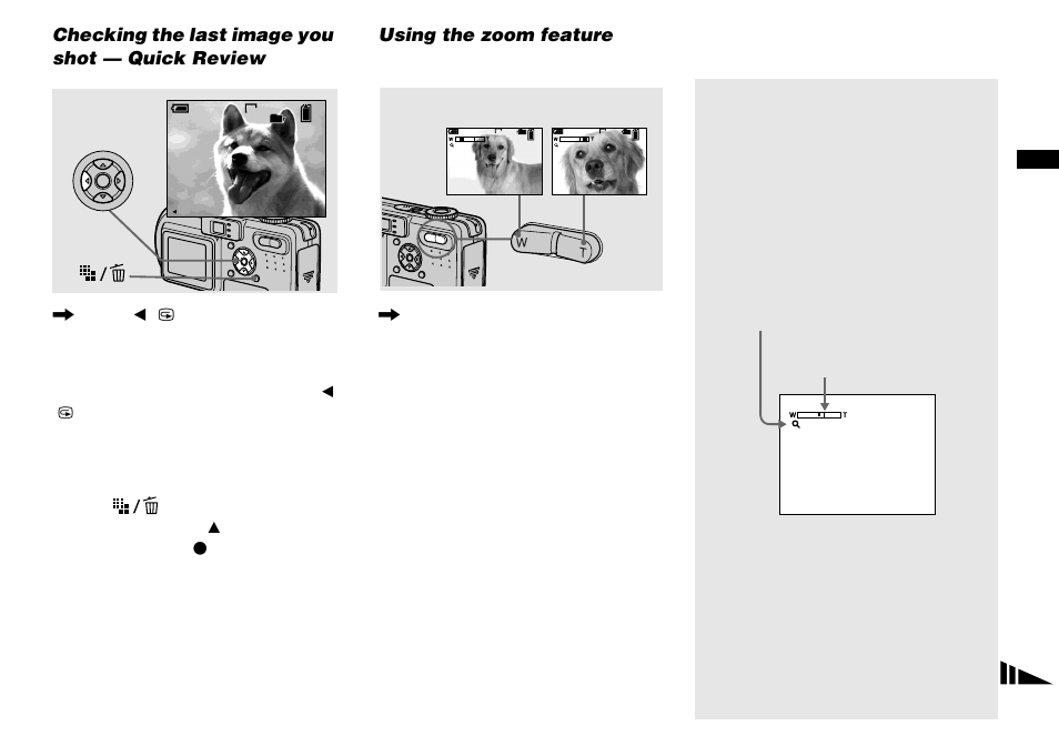 Checking the last image you shot — quick review, Using the zoom feature, Checking the last image you shot | Quick review, Smart zoom, Press b ( 7 ) on the control button | Sony DSC-P8 User Manual | Page 23 / 120