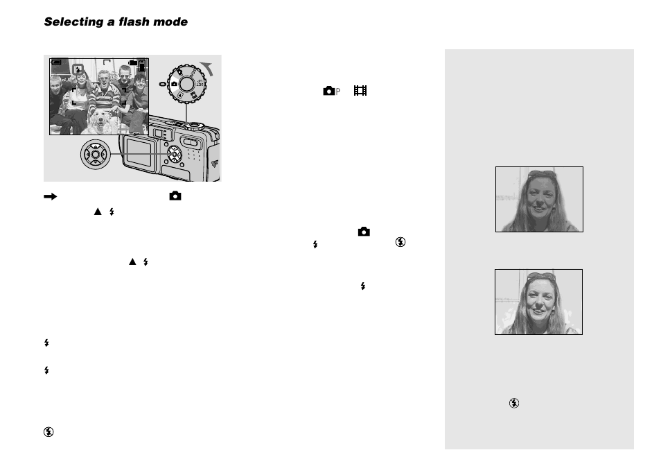 Selecting a flash mode, Shooting images against a light source | Sony DSC-P8 User Manual | Page 26 / 120