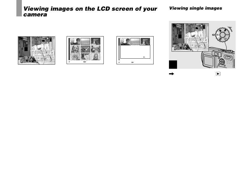 Viewing still images, Viewing images on the lcd screen of your camera, Viewing images on the lcd screen of your | Camera, Viewing single images, Set the mode dial to , and turn on the power | Sony DSC-P8 User Manual | Page 30 / 120