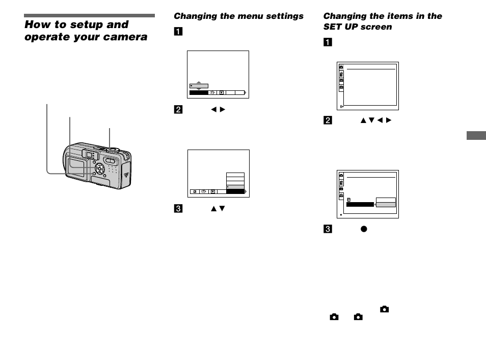 Before advanced operations, How to setup and operate your camera, Changing the menu settings | Changing the items in the set up screen, Screen | Sony DSC-P8 User Manual | Page 39 / 120