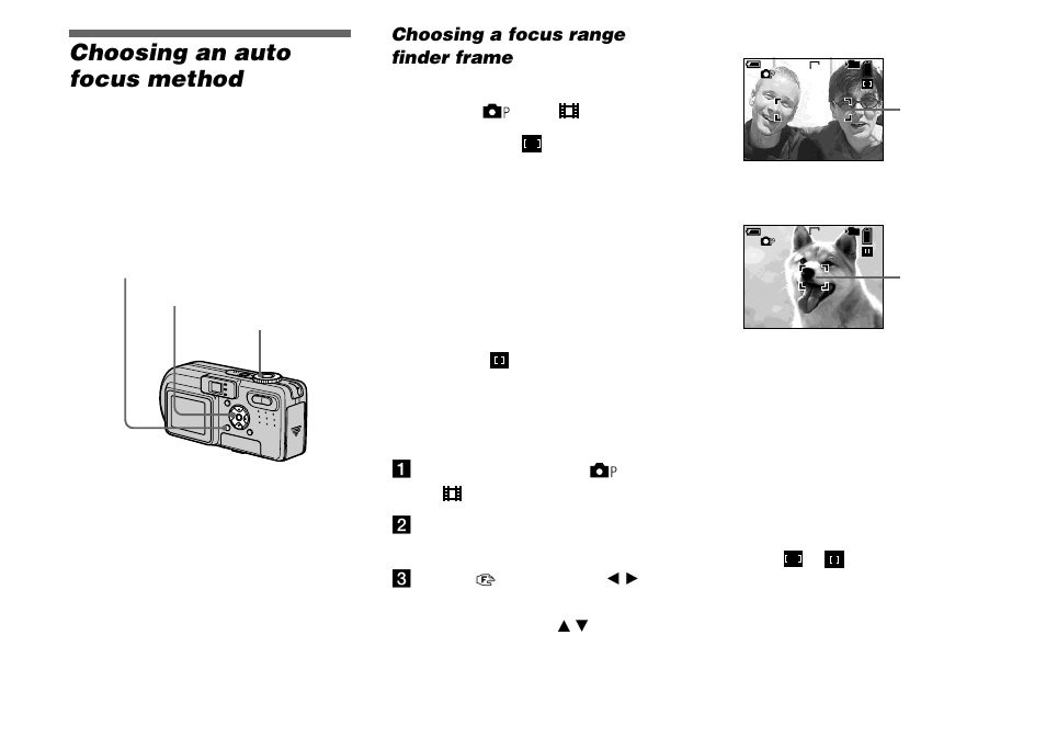 Choosing an auto focus method, Choosing a focus range finder frame, Af range finder | 42 an | Sony DSC-P8 User Manual | Page 42 / 120