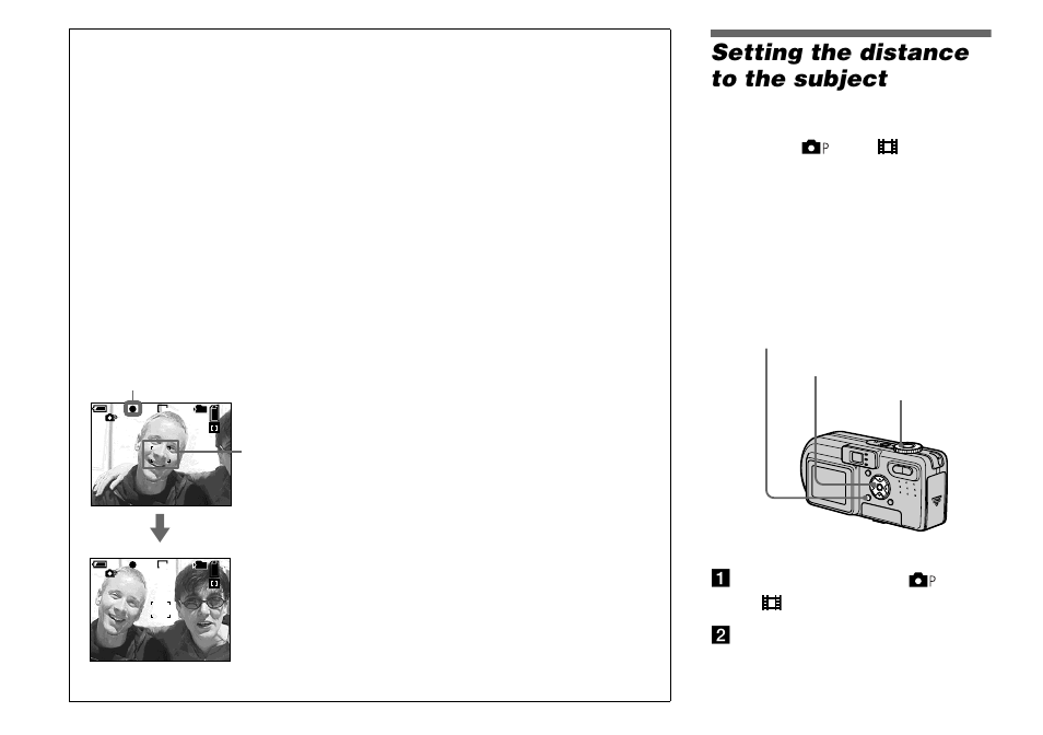 Setting the distance to the subject, Focus preset, Mode dial: /scn | Aset the mode dial to , scn or, Bpress menu | Sony DSC-P8 User Manual | Page 44 / 120