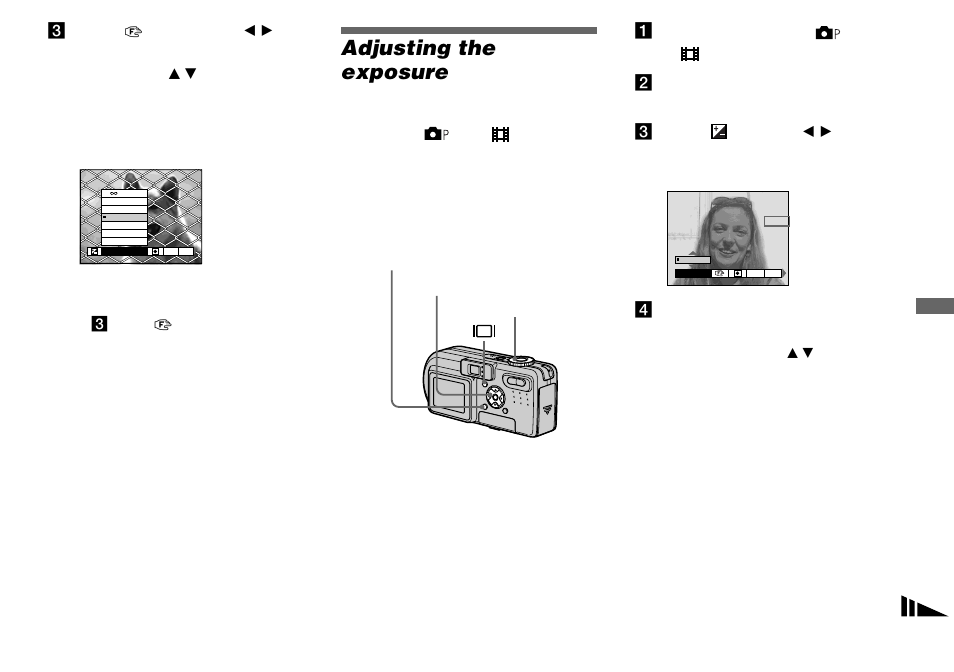 Adjusting the exposure, Ev adjustment | Sony DSC-P8 User Manual | Page 45 / 120