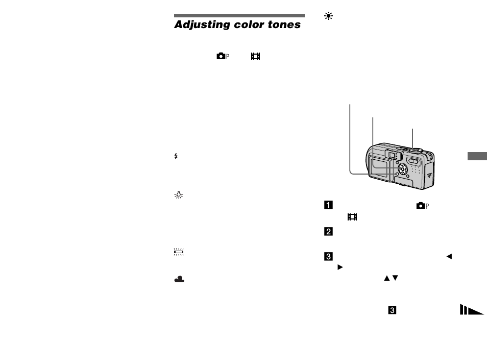 Adjusting color tones, White balance | Sony DSC-P8 User Manual | Page 49 / 120