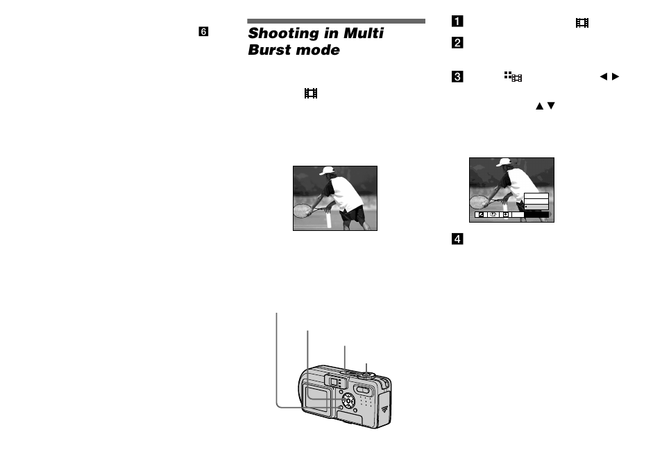 Shooting in multi burst mode, Multi burst | Sony DSC-P8 User Manual | Page 52 / 120