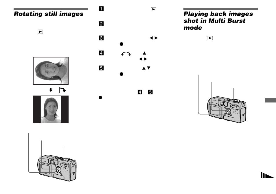 Rotating still images, Playing back images shot in multi burst mode, Rotate | Playing back images shot in multi burst, Mode | Sony DSC-P8 User Manual | Page 61 / 120