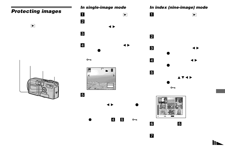 Still image editing, Protecting images, Protecting images — protect | Sony DSC-P8 User Manual | Page 63 / 120