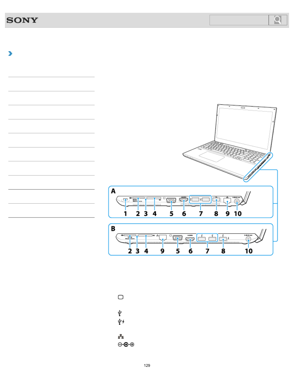 Parts and controls on the sides, How to use, Search | Sony SVS1511BFXB User Manual | Page 129 / 407