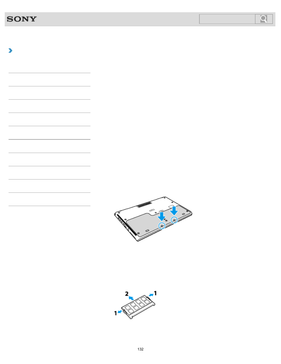 Adding and removing memory modules, Search, How to use | Sony SVS1511BFXB User Manual | Page 132 / 407