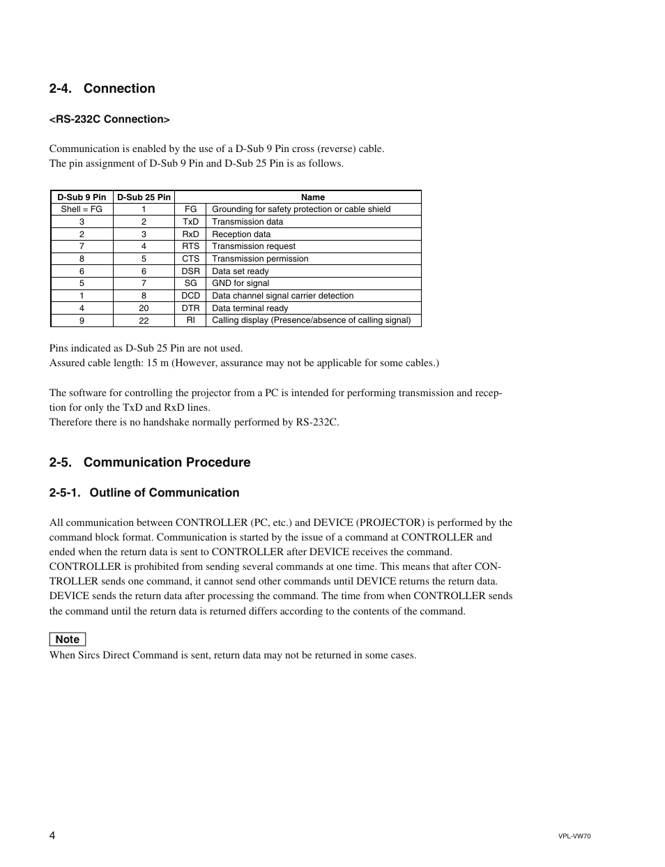 4. connection, 5. communication procedure, 5-1. outline of communication | Sony VPL-VW70 User Manual | Page 8 / 18