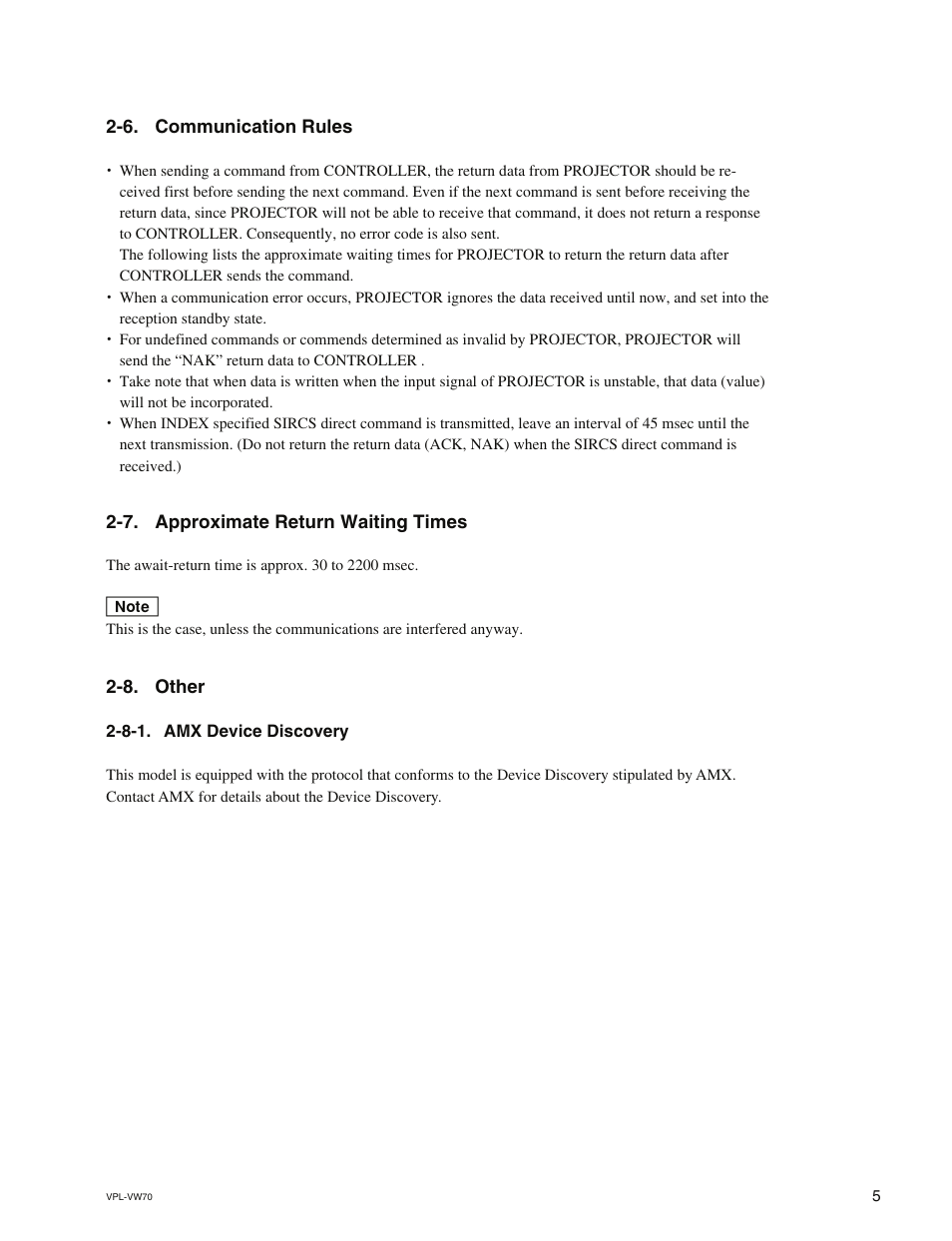 6. communication rules, 7. approximate return waiting times, 8. other | 8-1. amx device discovery | Sony VPL-VW70 User Manual | Page 9 / 18