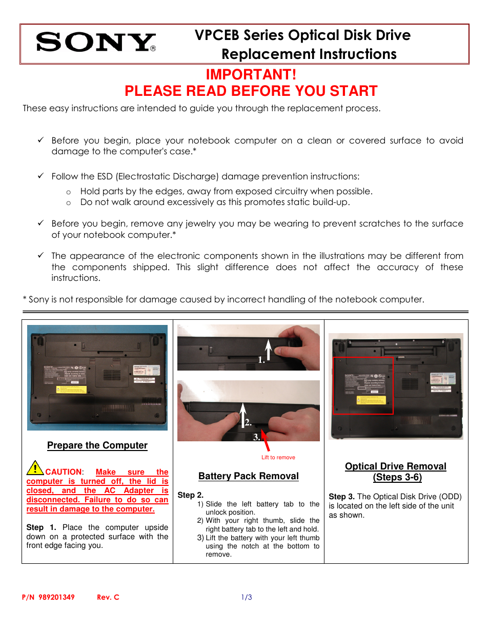 Sony VPCEB Series Optical Disk Drive (Replacement Instructions) User Manual | 3 pages