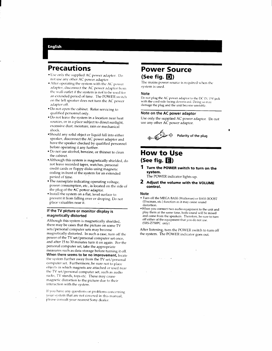 Precautions, Power source, How to use | Fig. 0) | Sony SRS-Z750 User Manual | Page 5 / 10