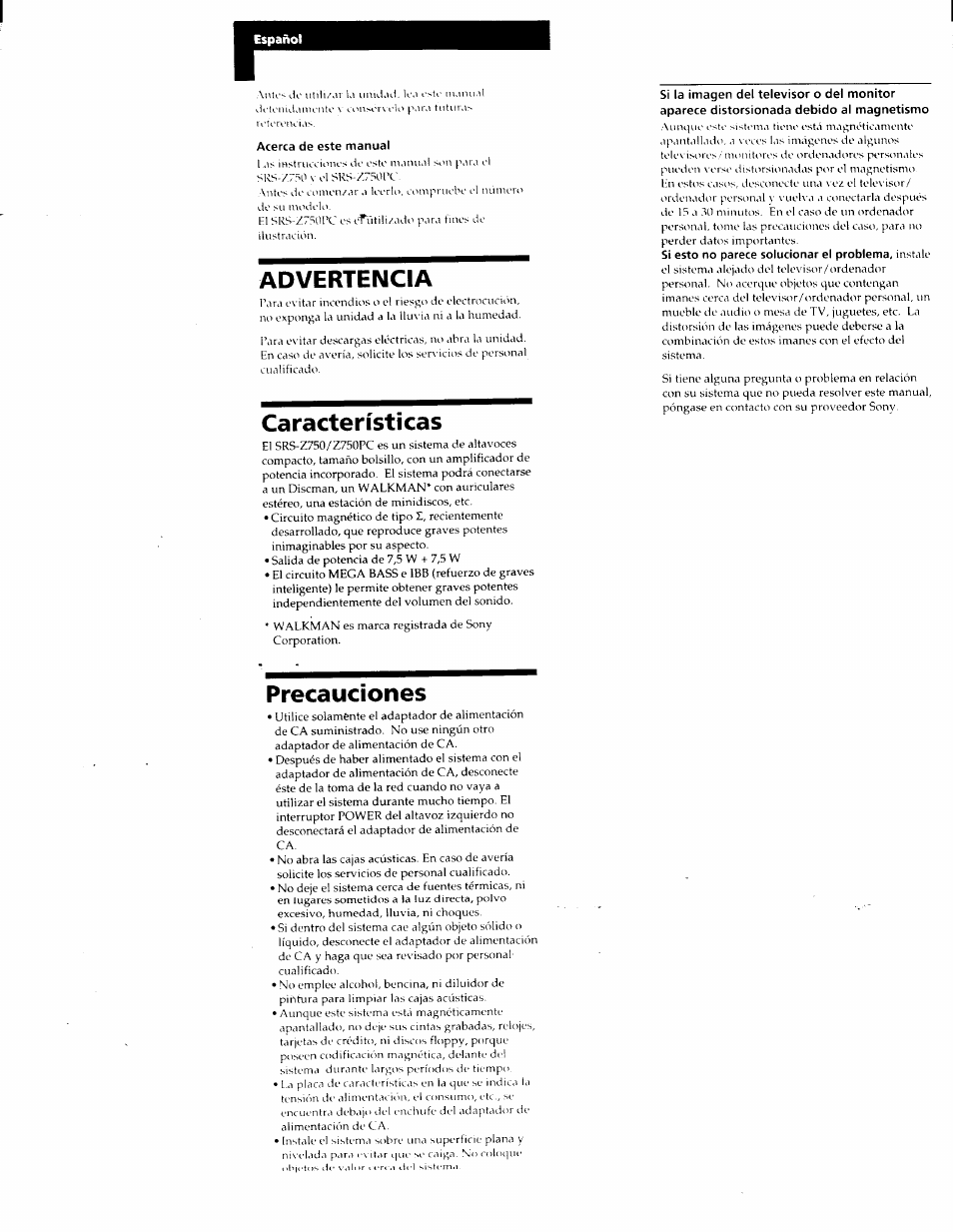 Advertencia, Características, Precauciones | Sony SRS-Z750 User Manual | Page 9 / 10