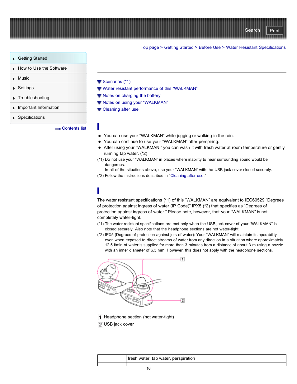 Water resistant specifications | Sony NWZ-W262BLK User Manual | Page 16 / 80