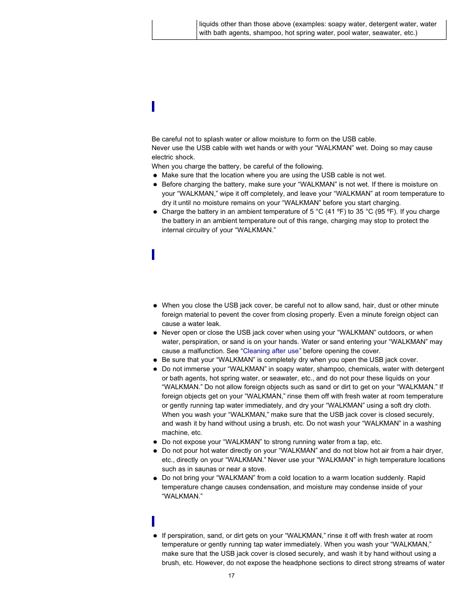 Cleaning after use | Sony NWZ-W262BLK User Manual | Page 17 / 80