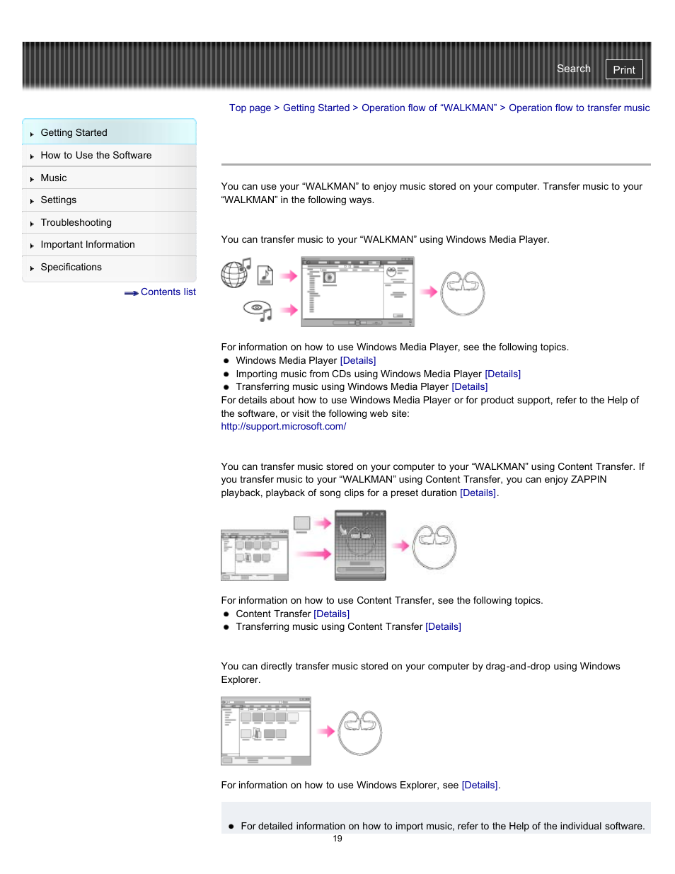 Operation flow to transfer music | Sony NWZ-W262BLK User Manual | Page 19 / 80