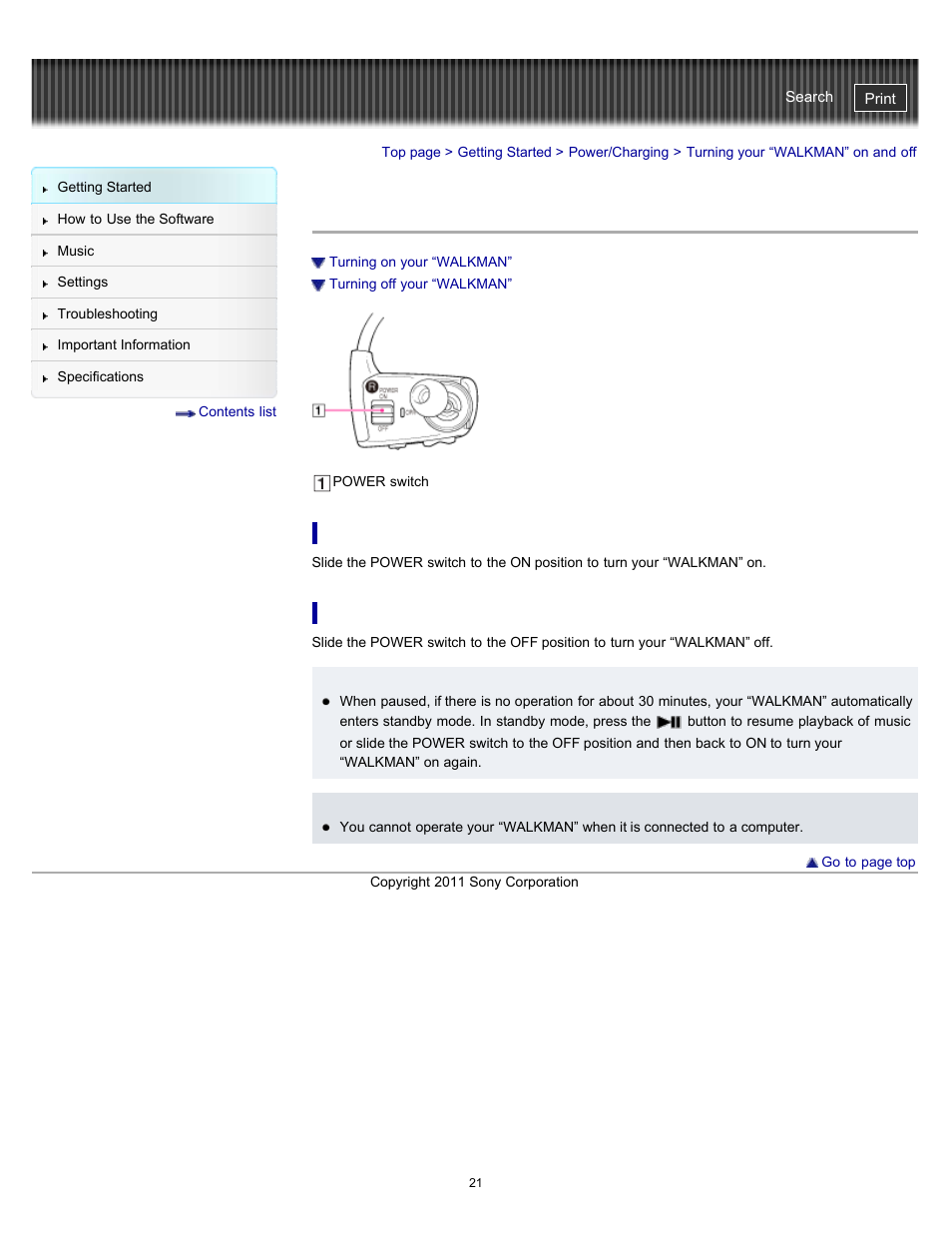 Turning your “walkman” on and off | Sony NWZ-W262BLK User Manual | Page 21 / 80