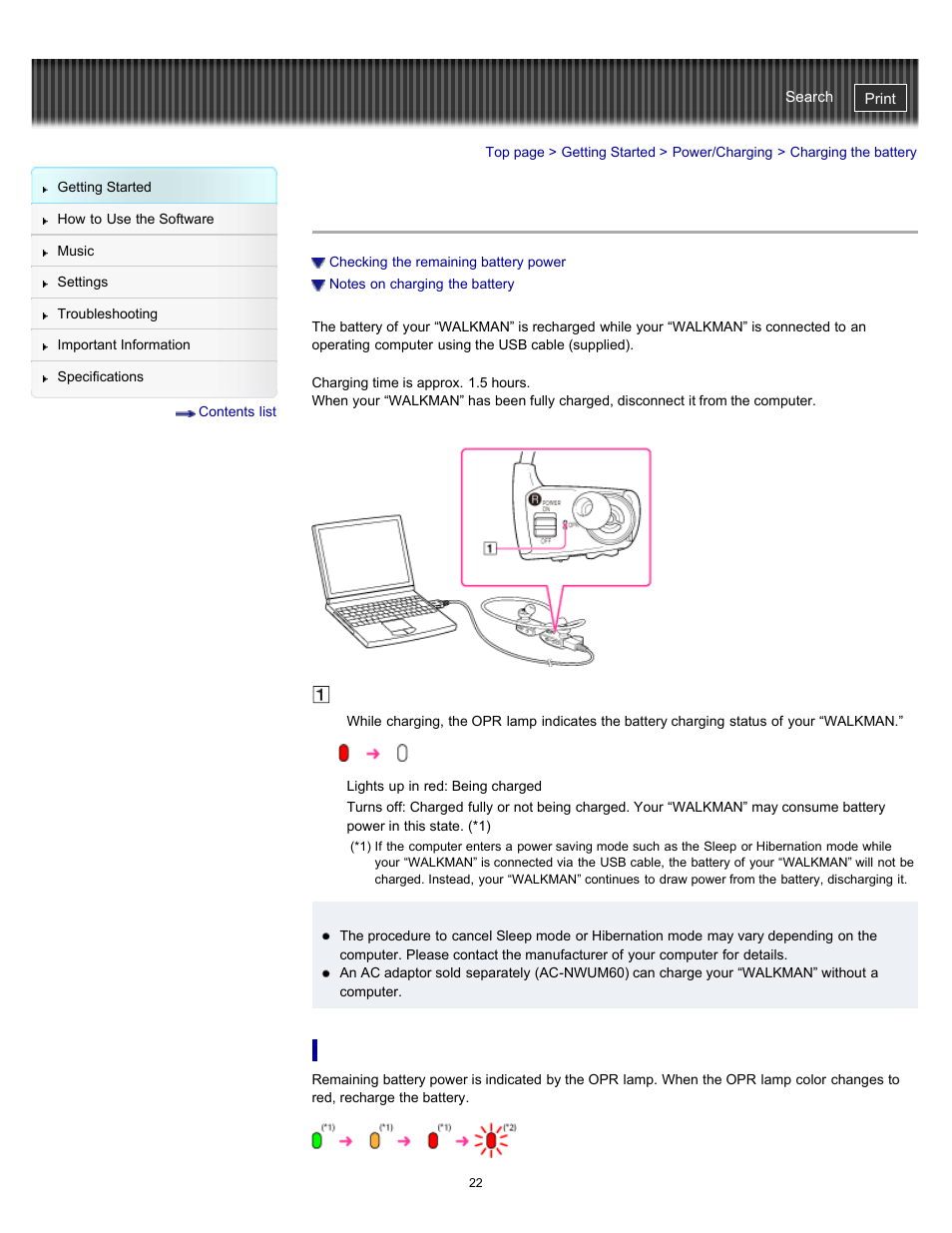 Charging the battery, Details | Sony NWZ-W262BLK User Manual | Page 22 / 80