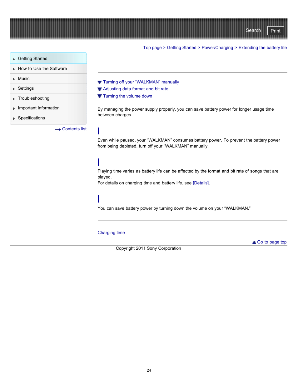 Extending the battery life | Sony NWZ-W262BLK User Manual | Page 24 / 80