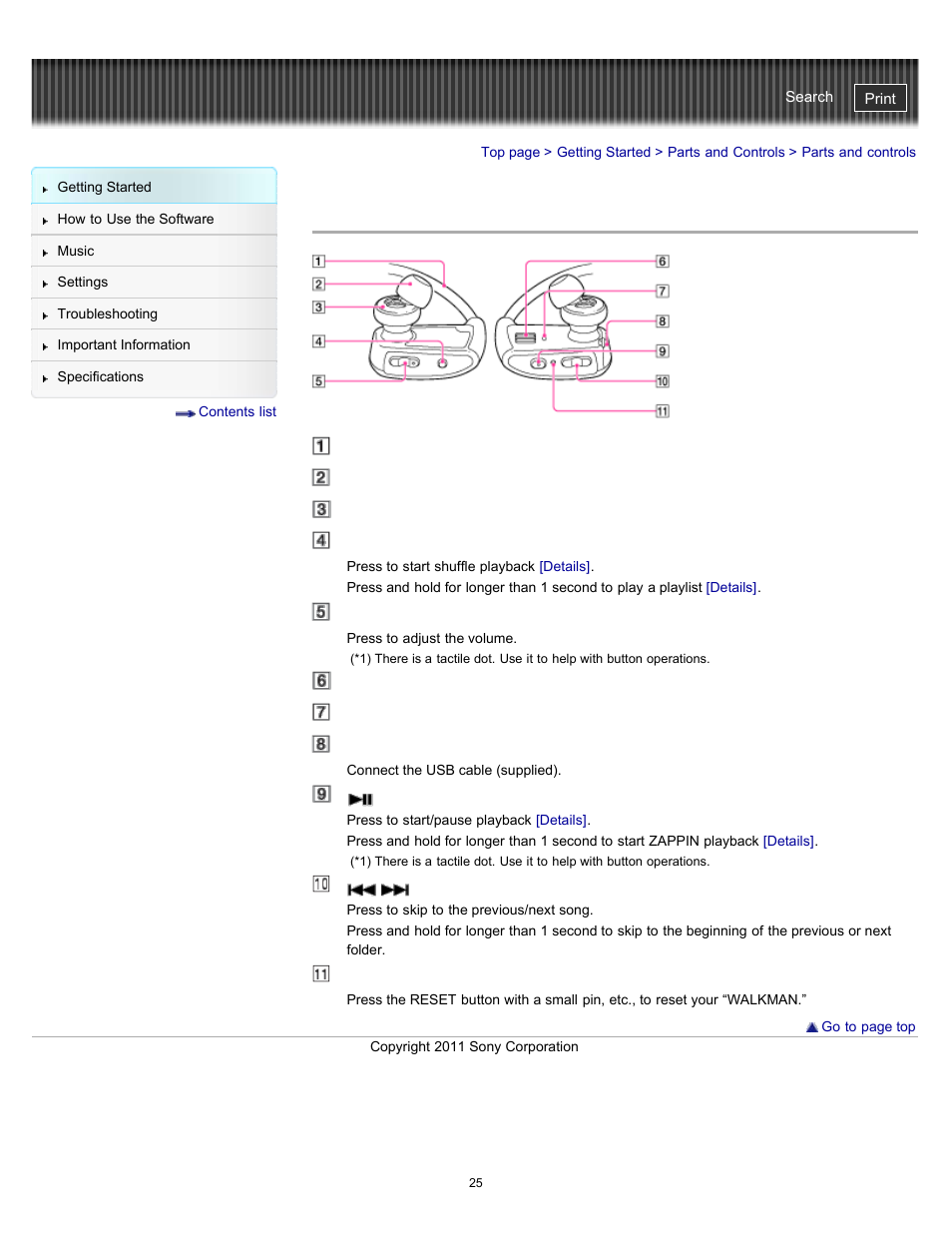 Parts and controls | Sony NWZ-W262BLK User Manual | Page 25 / 80