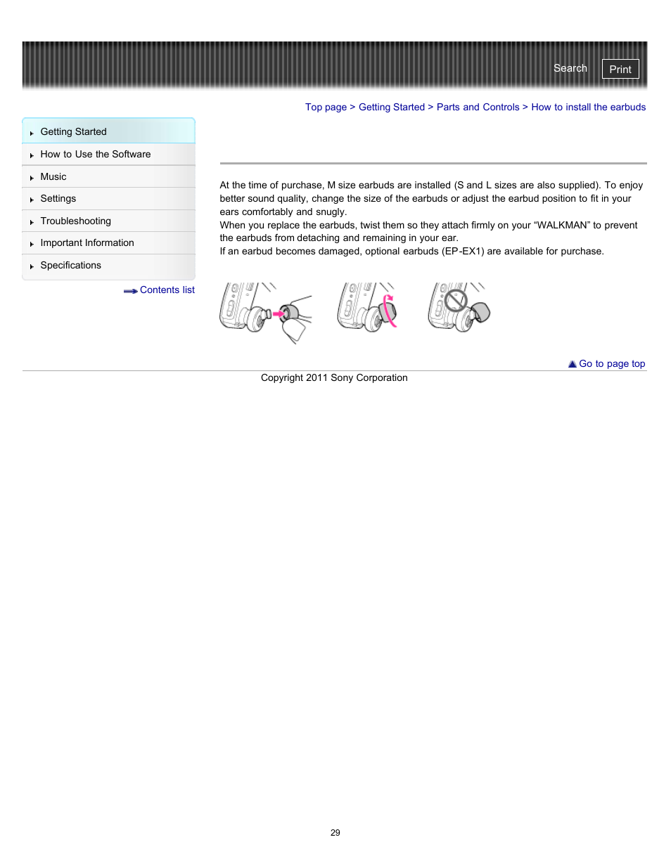 How to install the earbuds, Details | Sony NWZ-W262BLK User Manual | Page 29 / 80