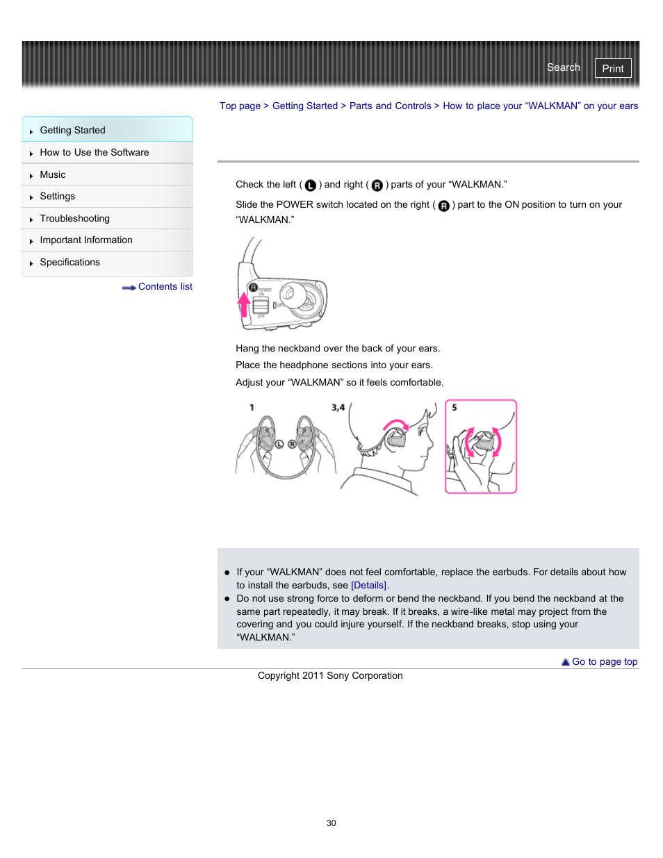 How to place your “walkman” on your ears | Sony NWZ-W262BLK User Manual | Page 30 / 80