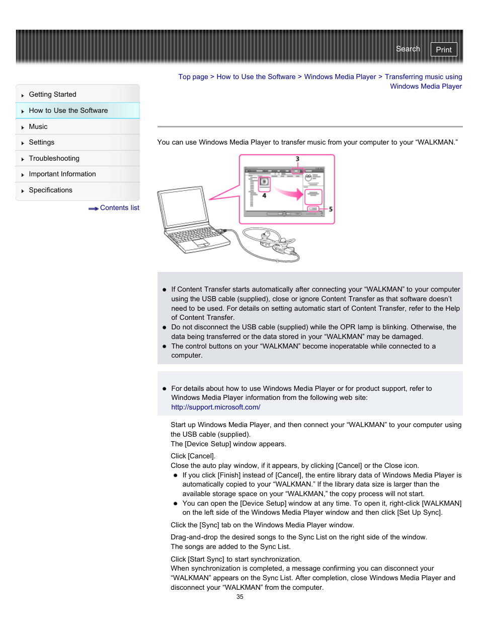 Transferring music using windows media player, Details | Sony NWZ-W262BLK User Manual | Page 35 / 80