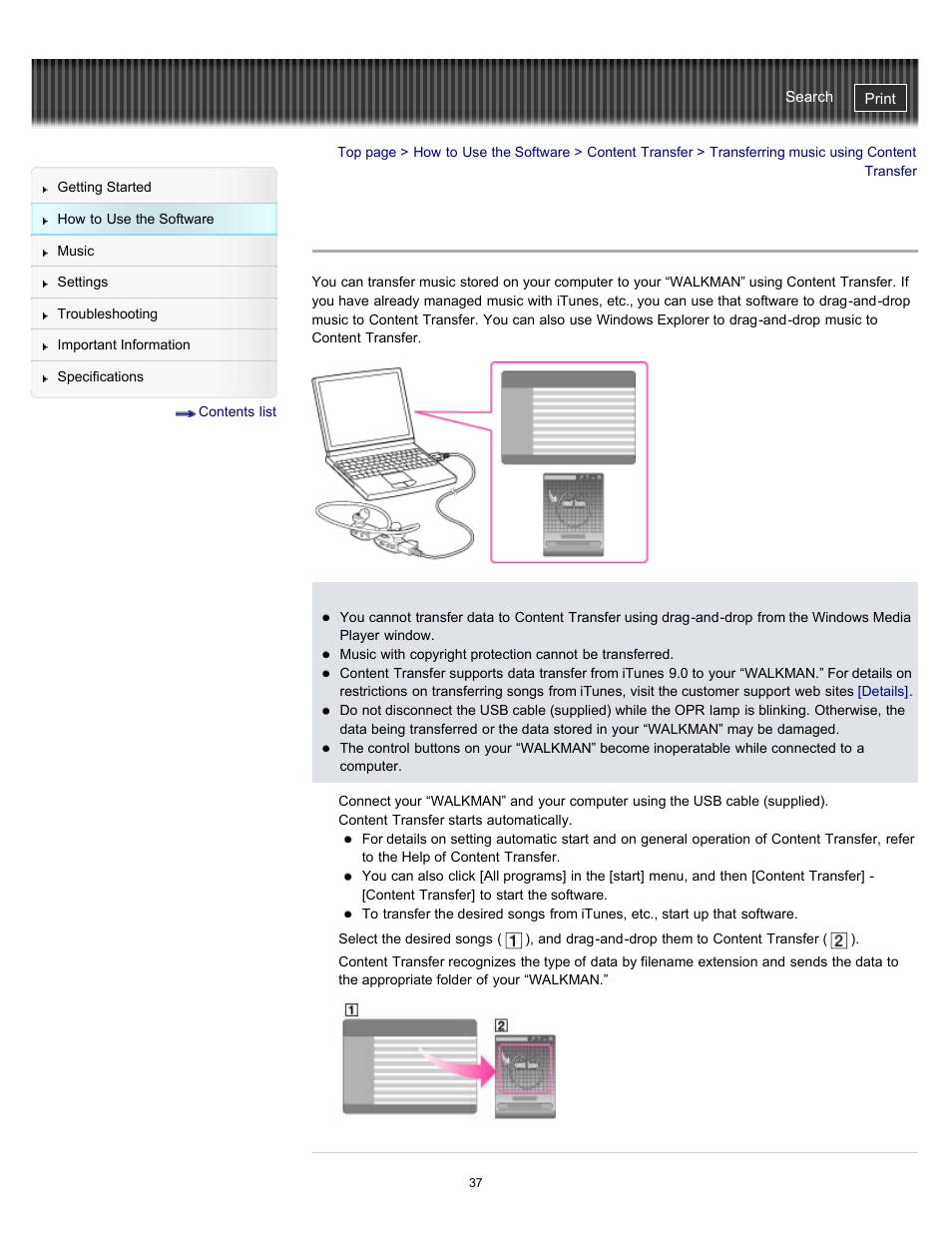 Transferring music using content transfer, Details | Sony NWZ-W262BLK User Manual | Page 37 / 80