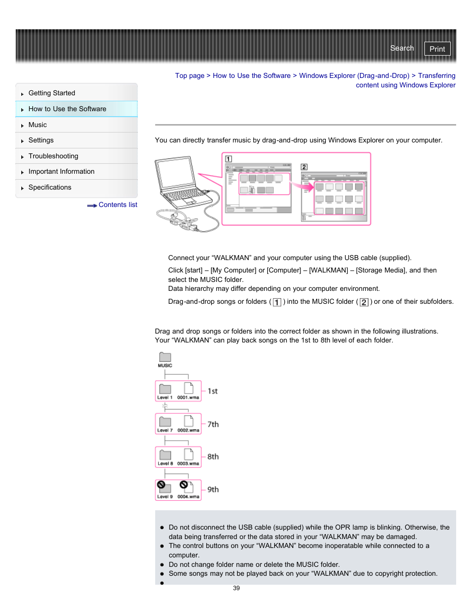 Transferring content using windows explorer, Details | Sony NWZ-W262BLK User Manual | Page 39 / 80