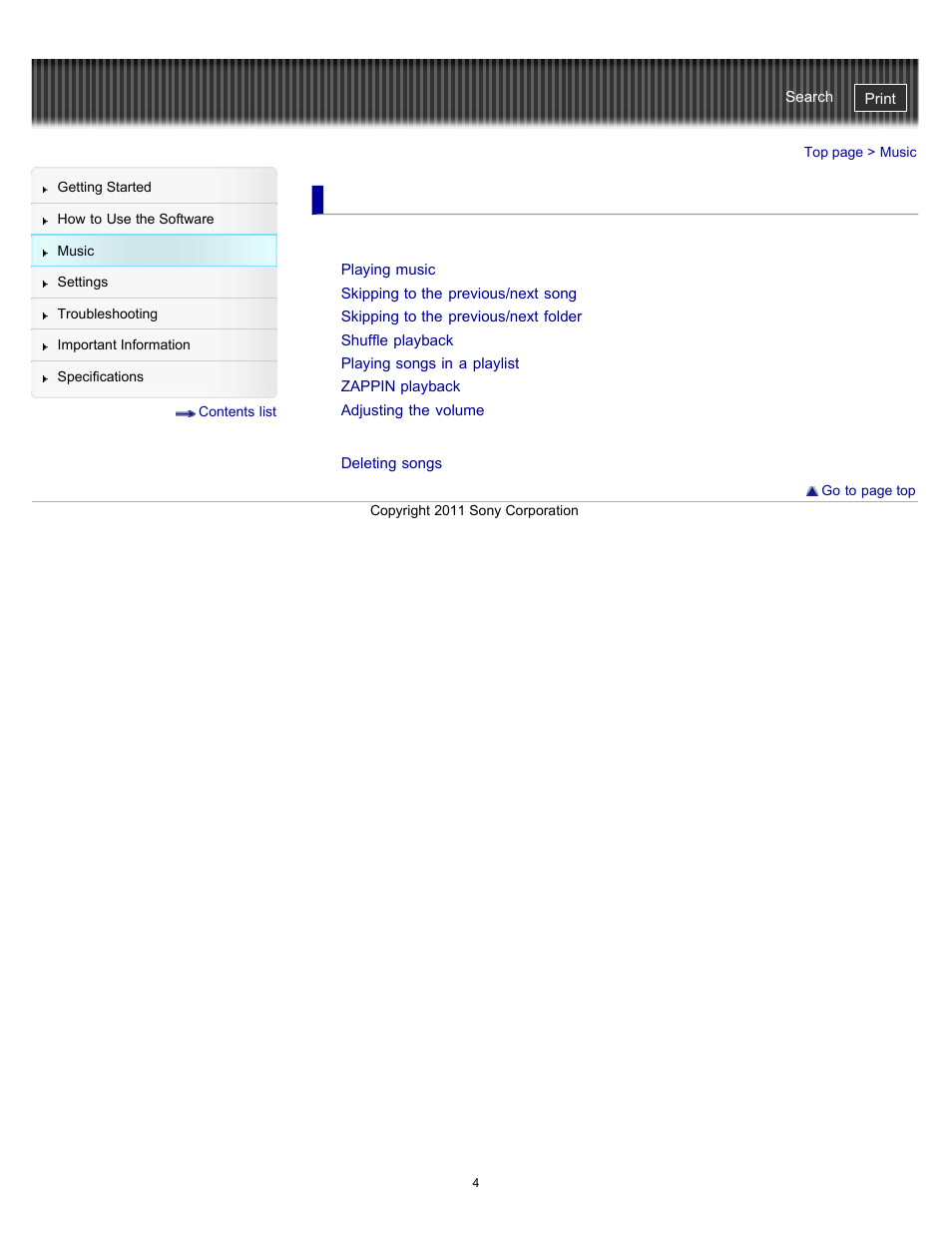 Music | Sony NWZ-W262BLK User Manual | Page 4 / 80