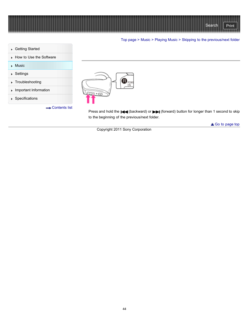 Skipping to the previous/next folder | Sony NWZ-W262BLK User Manual | Page 44 / 80