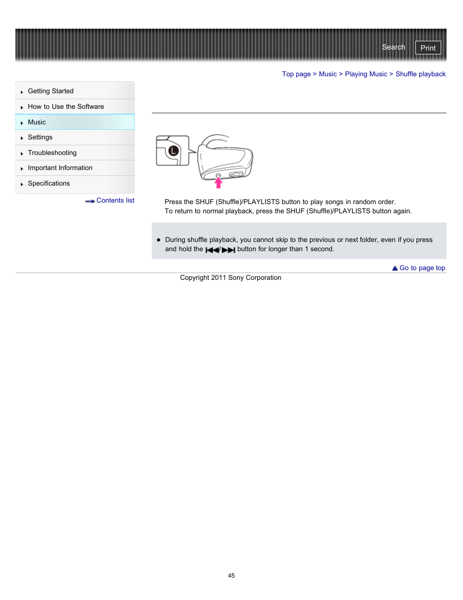 Shuffle playback, Details | Sony NWZ-W262BLK User Manual | Page 45 / 80