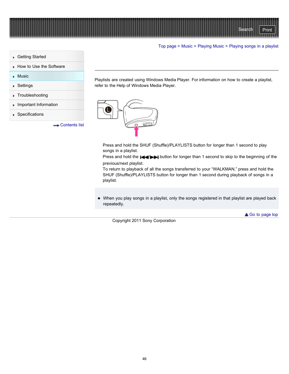 Playing songs in a playlist, Details | Sony NWZ-W262BLK User Manual | Page 46 / 80