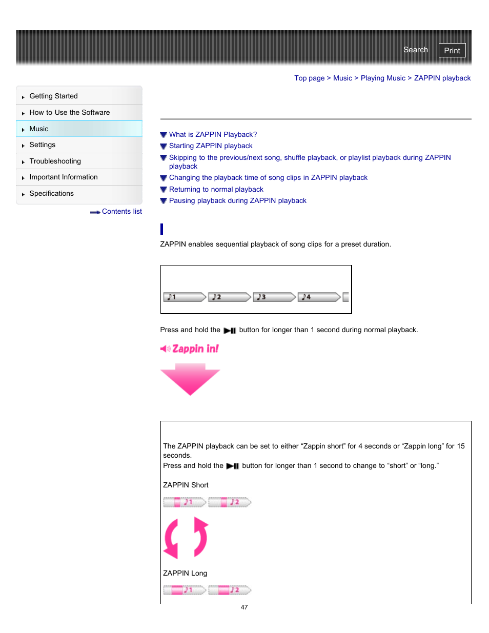 Zappin playback, Details | Sony NWZ-W262BLK User Manual | Page 47 / 80