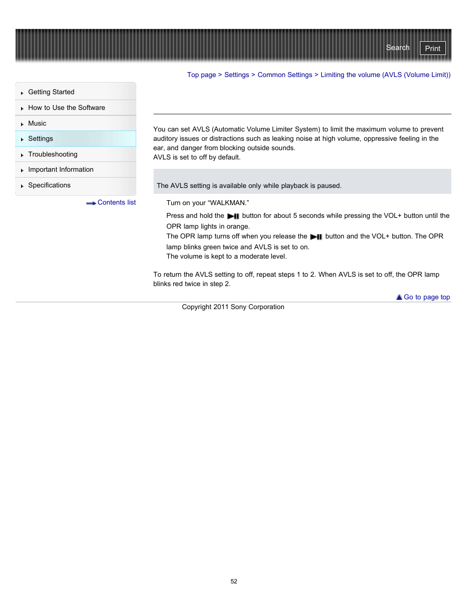 Limiting the volume (avls (volume limit)) | Sony NWZ-W262BLK User Manual | Page 52 / 80