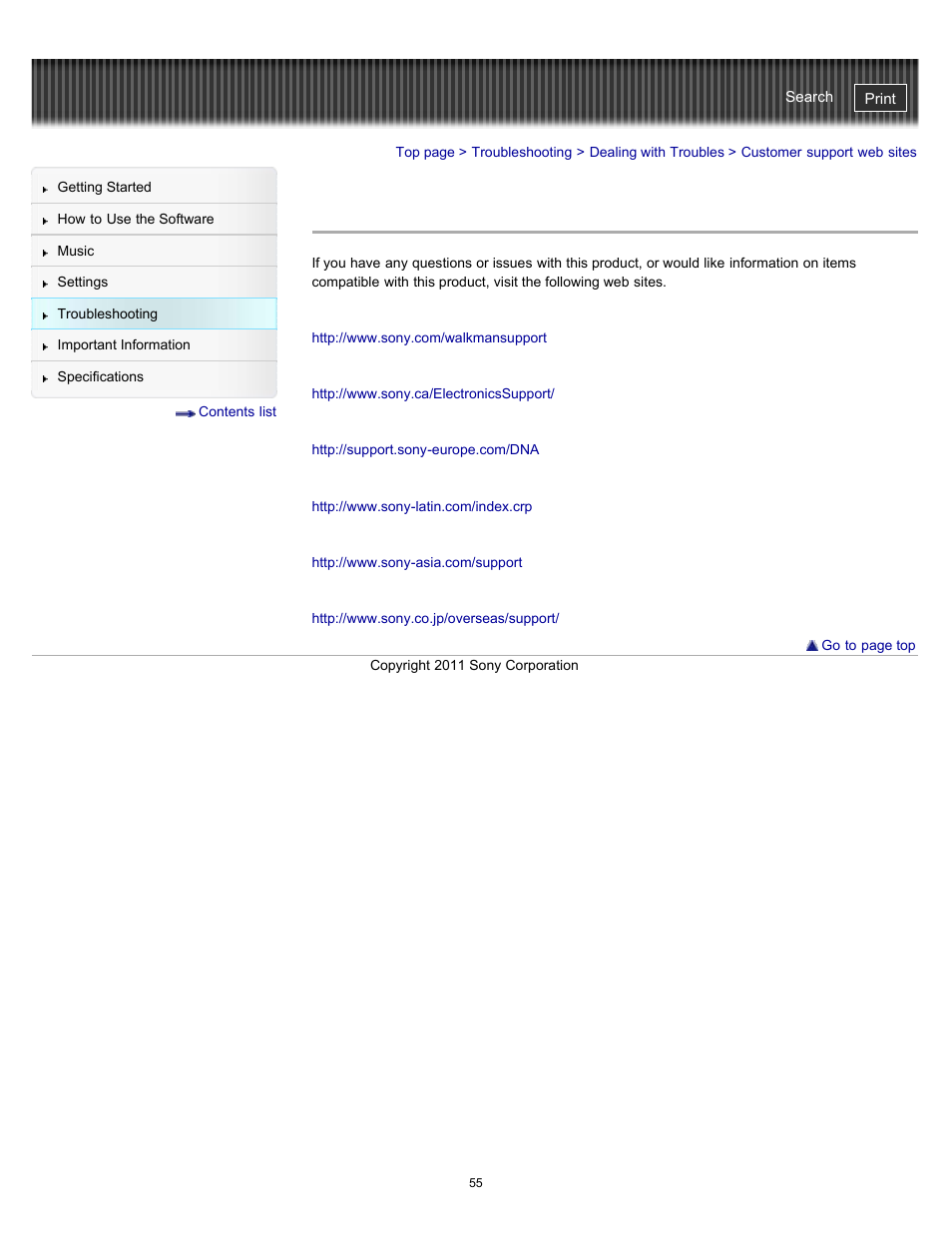 Customer support web sites, Details | Sony NWZ-W262BLK User Manual | Page 55 / 80