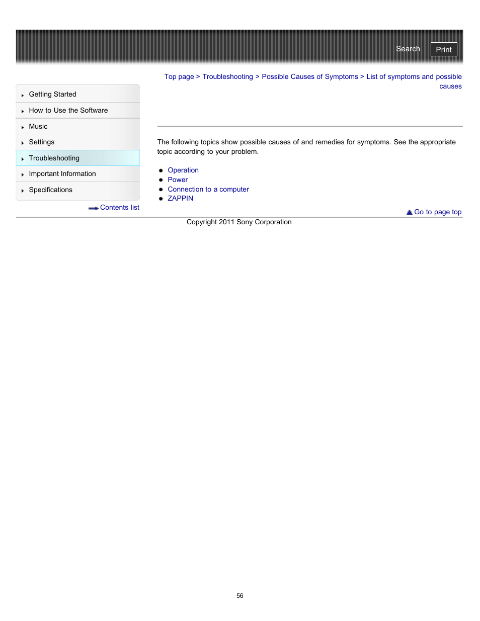 List of symptoms and possible causes | Sony NWZ-W262BLK User Manual | Page 56 / 80