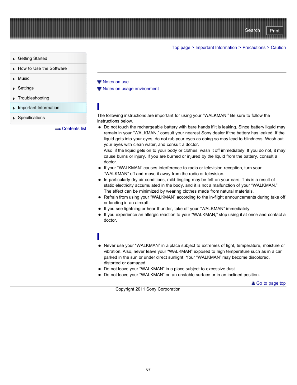 Caution | Sony NWZ-W262BLK User Manual | Page 67 / 80